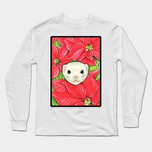 Ferret in Poinsettias - Black Outlined Version Long Sleeve T-Shirt